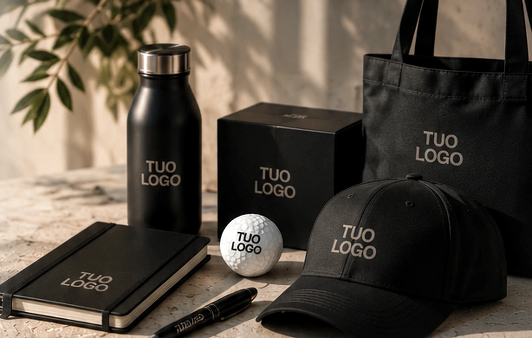 Selezione di gadget aziendali premium: borraccia, taccuino, penna, cappellino e accessori personalizzati